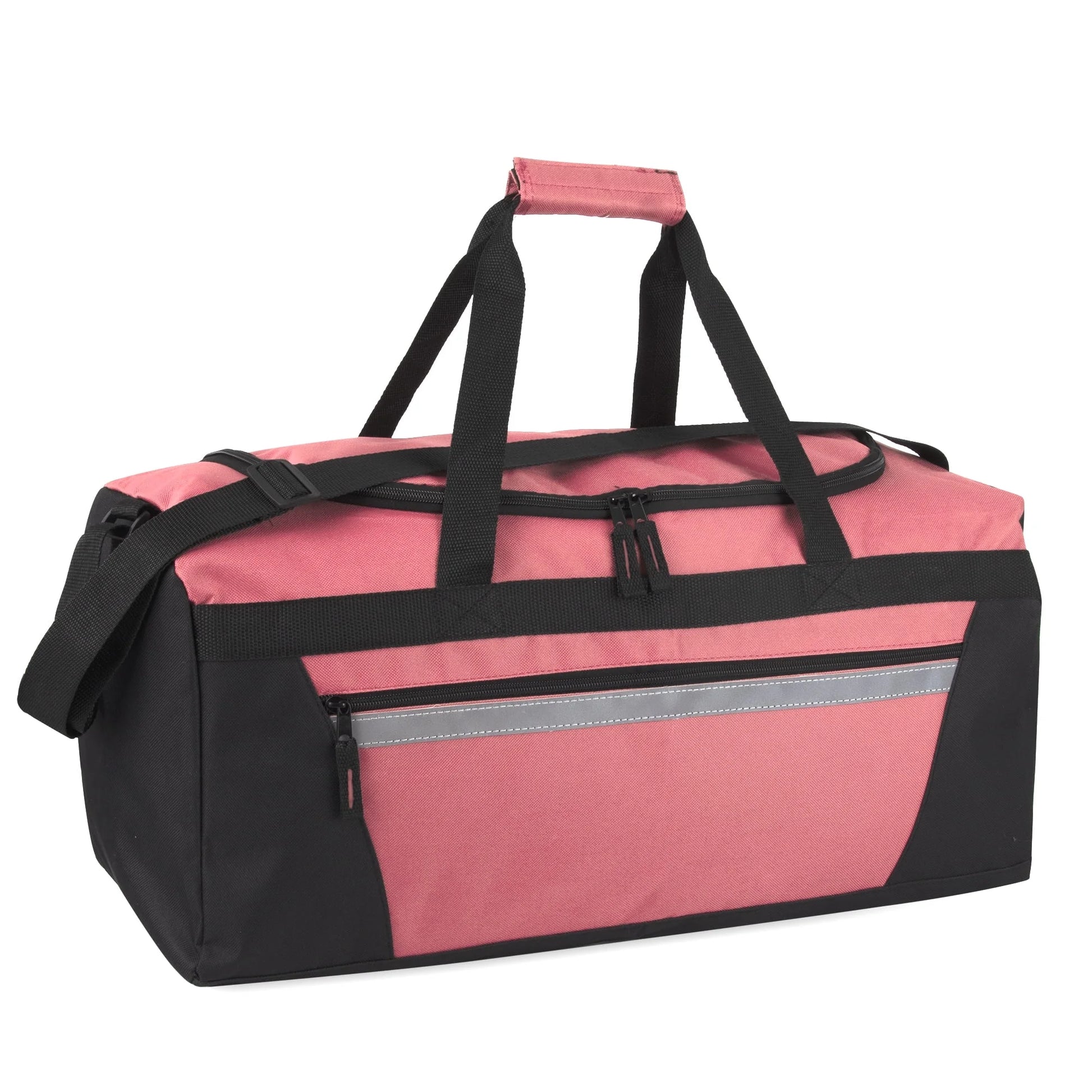 40 Liter 22 Inch Duffle Bag with Front Accessory Pocket, Velcro Handles, Dual Zipper Closure and Luggage Strap for Traveling, Commuting, Sports and Gym Equipment in Pink & Black
