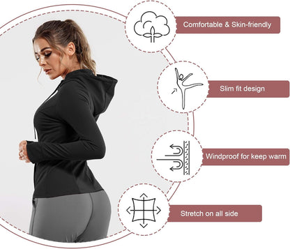 Women Full Zip Workout Sports Jackets Slim Fit Long Sleeve Yoga Track Hoodie Thumb Hole Athletic Running Jackets (Black, Large)