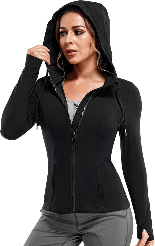 Women Full Zip Workout Sports Jackets Slim Fit Long Sleeve Yoga Track Hoodie Thumb Hole Athletic Running Jackets (Black, Large)