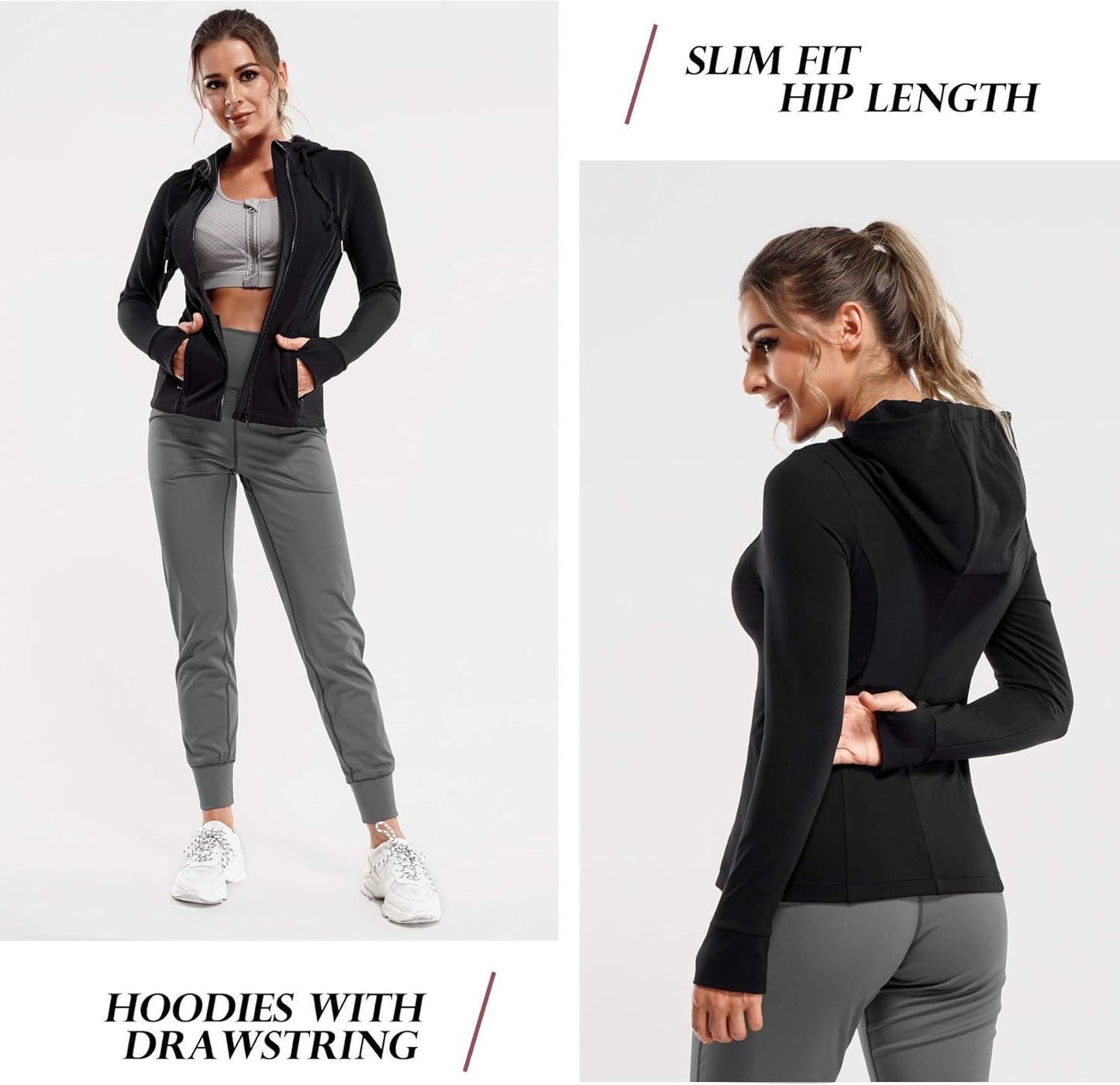 Women Full Zip Workout Sports Jackets Slim Fit Long Sleeve Yoga Track Hoodie Thumb Hole Athletic Running Jackets (Black, Large)
