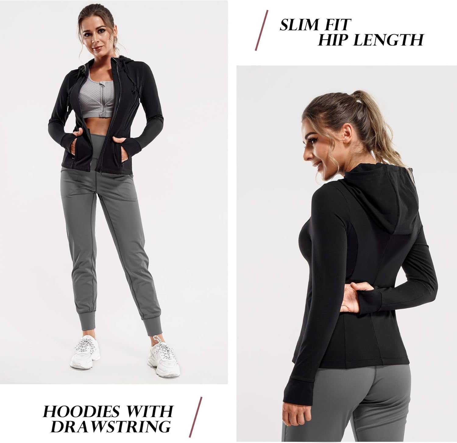 Women Full Zip Workout Sports Jackets Slim Fit Long Sleeve Yoga Track Hoodie Thumb Hole Athletic Running Jackets (Black, Large)