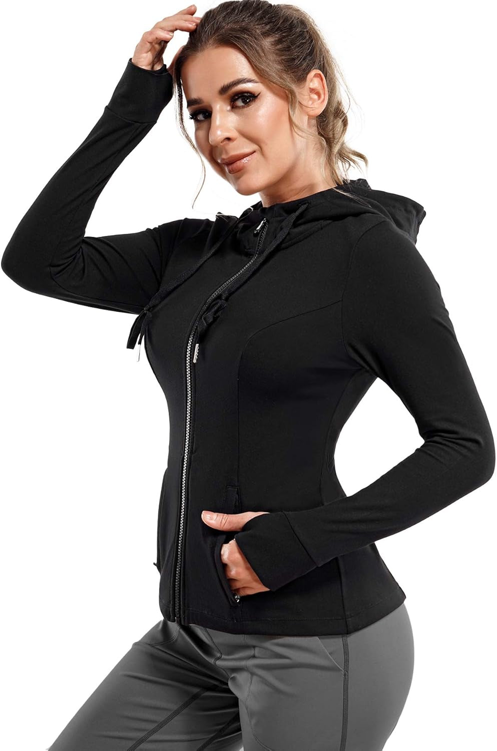 Women Full Zip Workout Sports Jackets Slim Fit Long Sleeve Yoga Track Hoodie Thumb Hole Athletic Running Jackets (Black, Large)