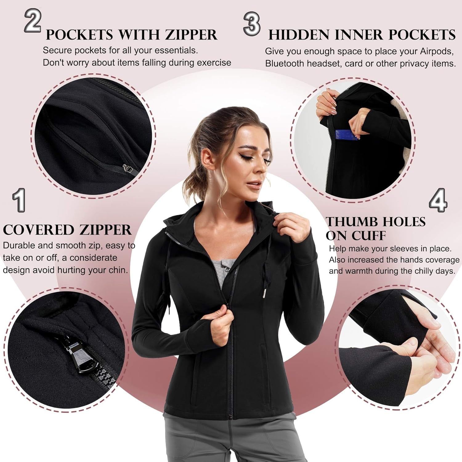 Women Full Zip Workout Sports Jackets Slim Fit Long Sleeve Yoga Track Hoodie Thumb Hole Athletic Running Jackets (Black, Large)