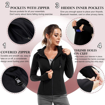 Women Full Zip Workout Sports Jackets Slim Fit Long Sleeve Yoga Track Hoodie Thumb Hole Athletic Running Jackets (Black, Large)