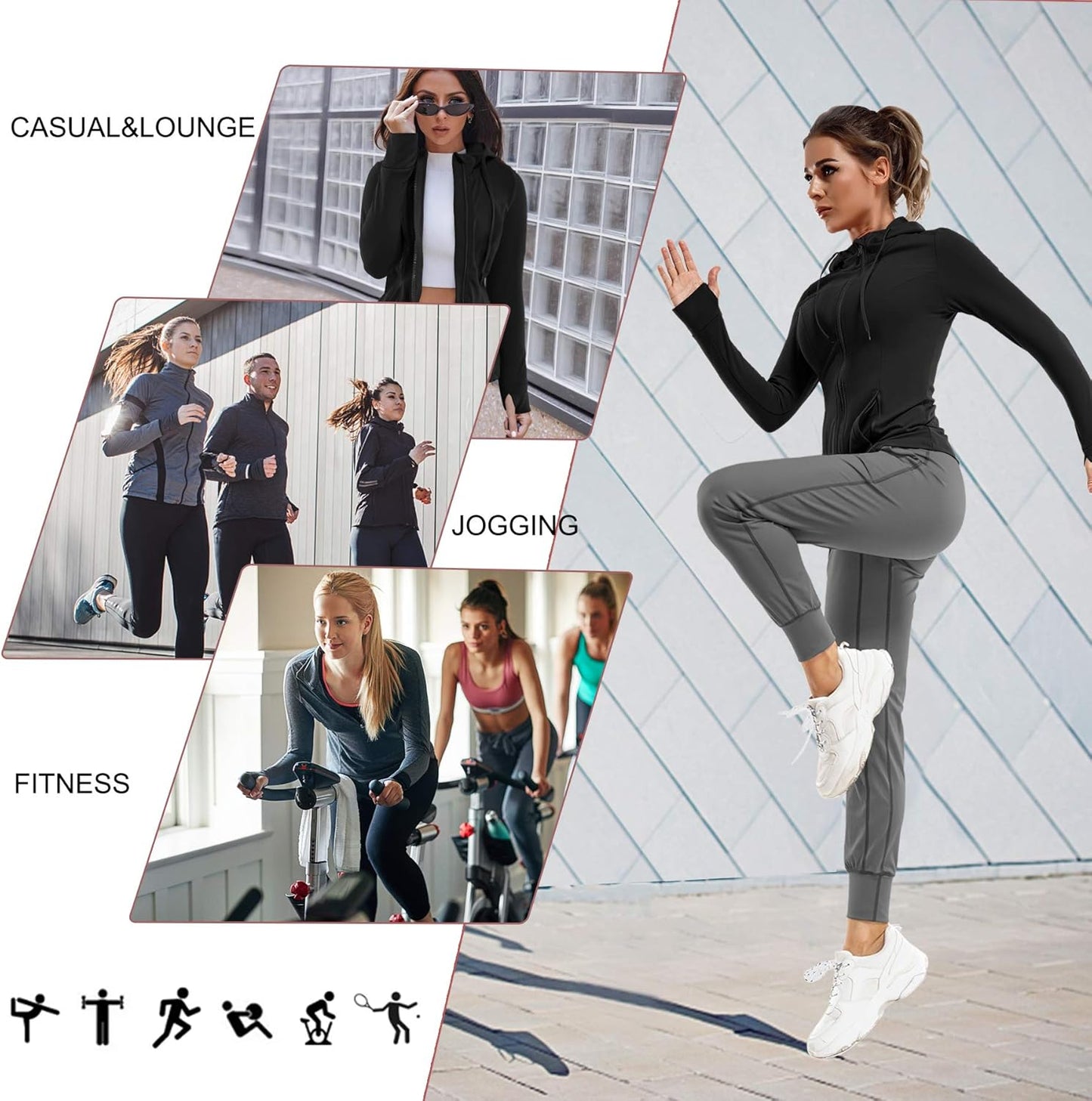 Women Full Zip Workout Sports Jackets Slim Fit Long Sleeve Yoga Track Hoodie Thumb Hole Athletic Running Jackets (Black, Large)